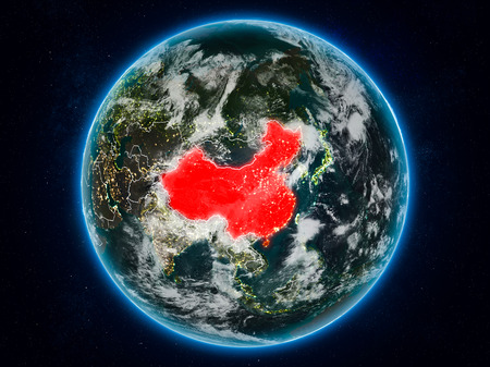 China from space on planet Earth at night with visible country borders. 3D illustration.の写真素材