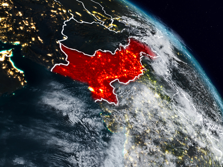 Pakistan from space at night with visible country borders. 3D illustration.