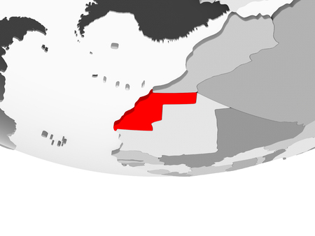 Western Sahara in red on grey political globe with transparent oceans. 3D illustration.の写真素材