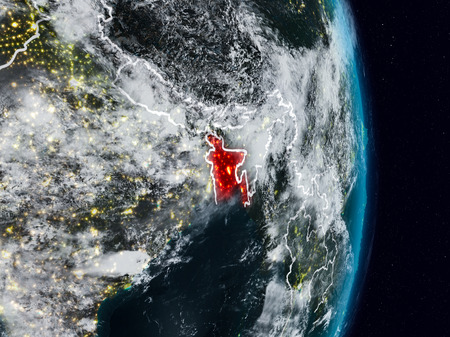 Bangladesh from space on planet Earth at night with visible country borders. 3D illustration.の写真素材