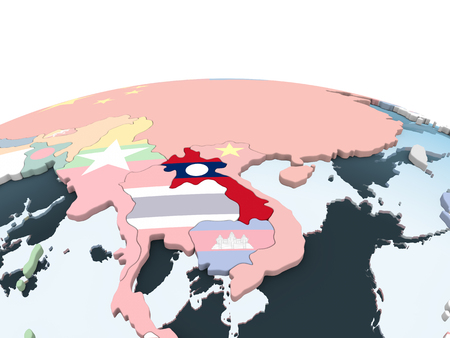 Laos on bright political globe with embedded flag. 3D illustration.の写真素材