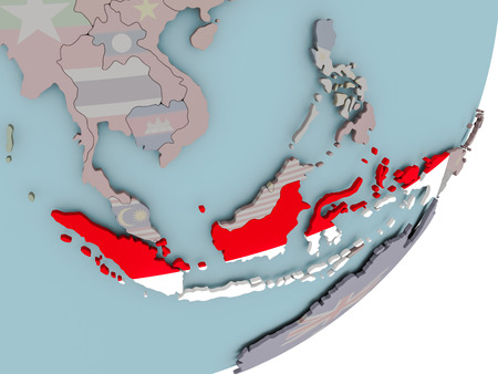 3D render of Indonesia on political globe with embedded flag. 3D illustration.の写真素材