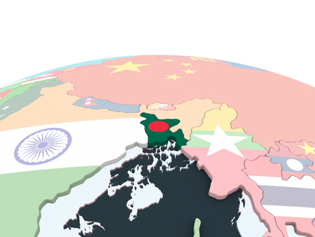 Bangladesh on bright political globe with embedded flag. 3D illustration.の写真素材