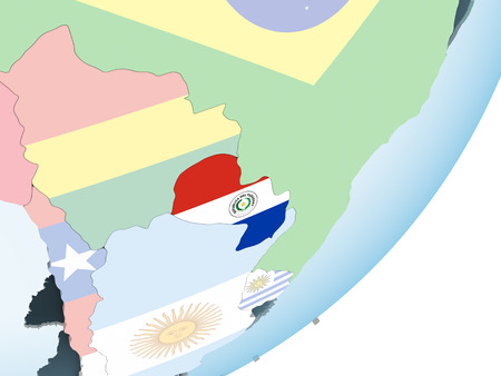 Paraguay on bright political globe with embedded flag. 3D illustration.の写真素材