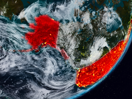USA from space on planet Earth at night with visible country borders. 3D illustration.の写真素材