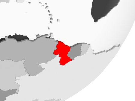 Illustration of Guyana highlighted in red on grey globe with transparent oceans. 3D illustration.の写真素材