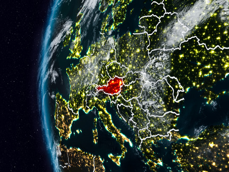 Austria at night with visible country borders. 3D illustration.の写真素材