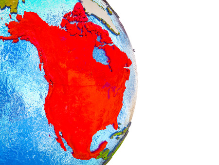 NAFTA member states on 3D model of Earth with divided countries and blue oceans. 3D illustration.の写真素材
