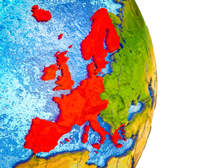 Western Europe on 3D model of Earth with divided countries and blue oceans. 3D illustration.の写真素材