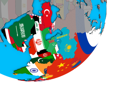 Asia with national flags on blue political 3D globe. 3D illustration.の写真素材