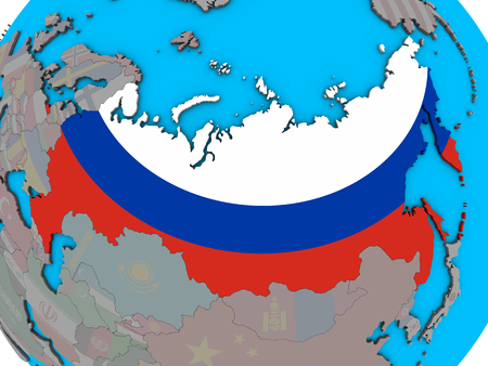 Russia with embedded national flag on blue political 3D globe. 3D illustration.の写真素材