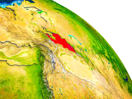 Kyrgyzstan Highlighted on 3D Earth model with water and visible country borders. 3D illustration.の写真素材