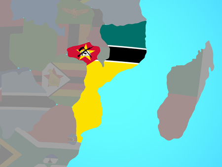 Mozambique with national flag on blue political globe. 3D illustration.の写真素材