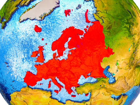 Europe on model of 3D Earth with blue oceans and divided countries. 3D illustration.の写真素材