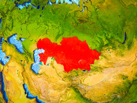 Kazakhstan on model of 3D Earth with blue oceans and divided countries. 3D illustration.の写真素材