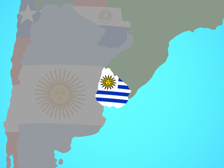 Uruguay with national flag on blue political globe. 3D illustration.の写真素材