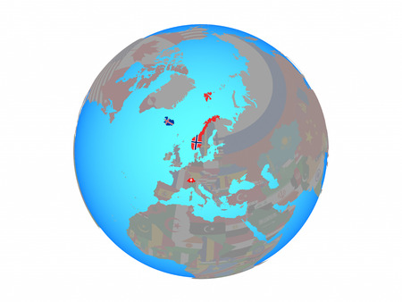 EFTA countries with national flags on blue political globe. 3D illustration isolated on white background.の写真素材