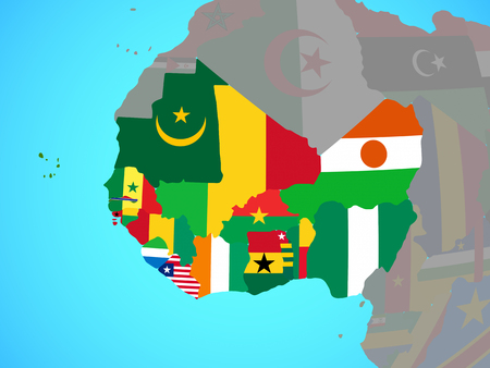 Western Africa with national flags on blue political globe. 3D illustration.の写真素材