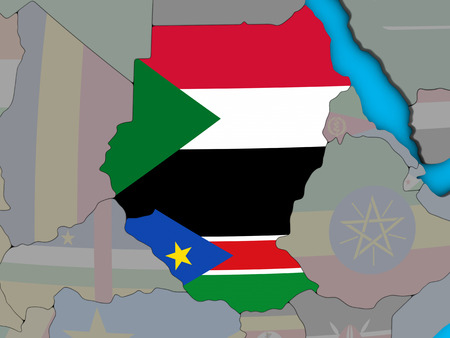 Former Sudan with embedded national flags on blue political 3D globe. 3D illustration.の写真素材