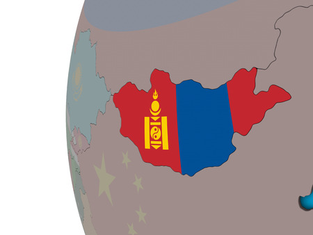 Mongolia with national flag on blue political 3D globe. 3D illustration.の写真素材