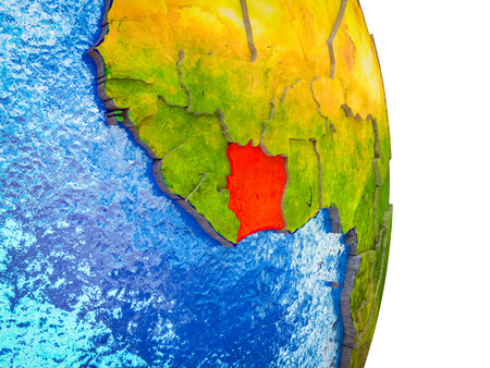 Ivory Coast on 3D model of Earth with divided countries and blue oceans. 3D illustration.の写真素材