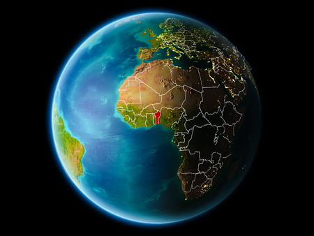 Benin from orbit of planet Earth at night with highly detailed surface textures with visible border lines and city lights. 3D illustration.の写真素材