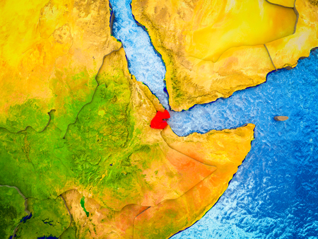 Djibouti on model of 3D Earth with blue oceans and divided countries. 3D illustration.の写真素材