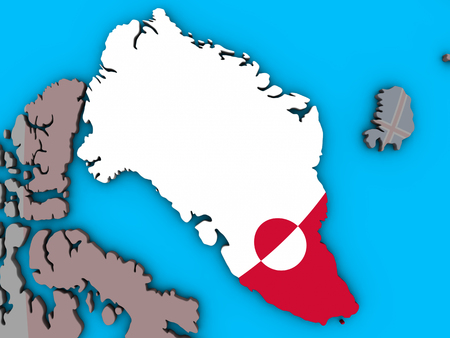 Greenland with embedded national flag on blue political 3D globe. 3D illustration.の写真素材