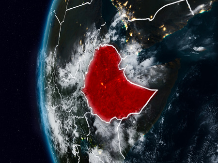 Ethiopia at night with visible country borders. 3D illustration.の写真素材