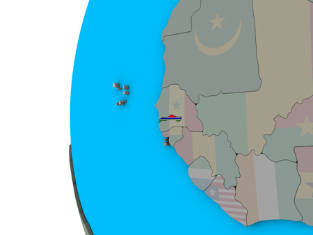 Gambia with national flag on blue political 3D globe. 3D illustration.の写真素材