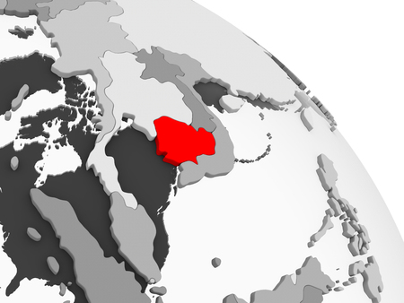 3D render of Cambodia in red on grey political globe with transparent oceans. 3D illustration.の写真素材