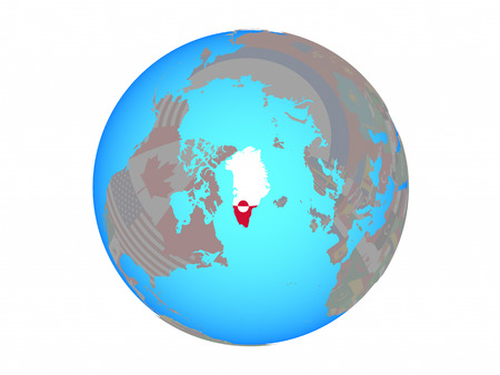 Greenland with national flag on blue political globe. 3D illustration isolated on white background.の写真素材