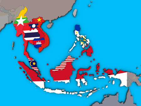 South east asia member states with embedded national flags on blue political 3D globe. 3D illustration.の写真素材