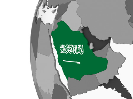 Saudi Arabia on gray political globe with embedded flag. 3D illustration.の写真素材