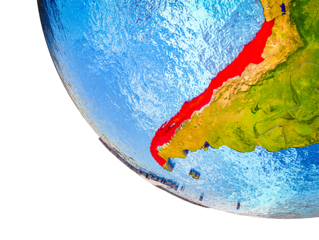 Chile on model of Earth with country borders and blue oceans with waves. 3D illustration.の写真素材