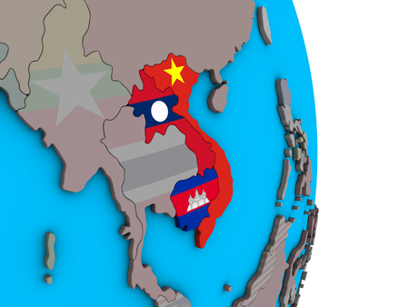 Indochina with embedded national flags on simple political 3D globe. 3D illustration.の写真素材