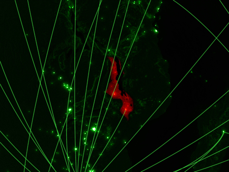 Malawi on green map with networks. Concept of international travel, communication and technology. 3D illustration.の写真素材