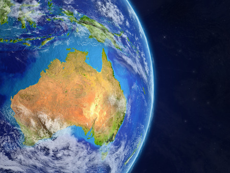 Australia from space on model of real planet Earth with highly detailed planet surface and clouds. 3D illustration.の写真素材