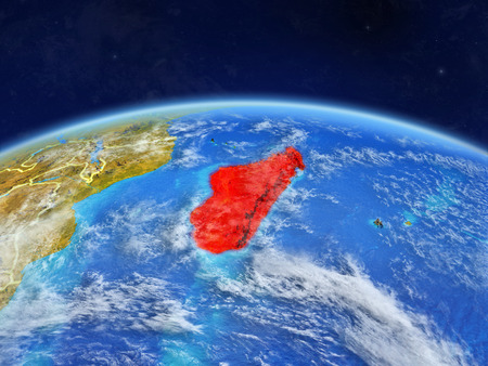 Madagascar on planet Earth with country borders and highly detailed planet surface and clouds. 3D illustration.の写真素材