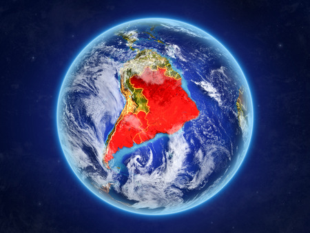 Mercosur memebers from space. Planet Earth with country borders and extremely high detail of planet surface and clouds. 3D illustration.の写真素材