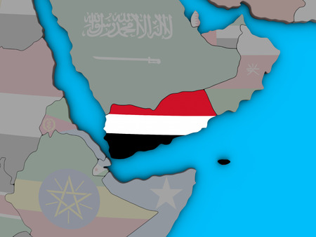Yemen with embedded national flag on blue political 3D globe. 3D illustration.の写真素材
