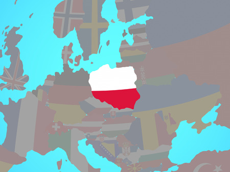 Poland with national flag on blue political globe. 3D illustration.の写真素材