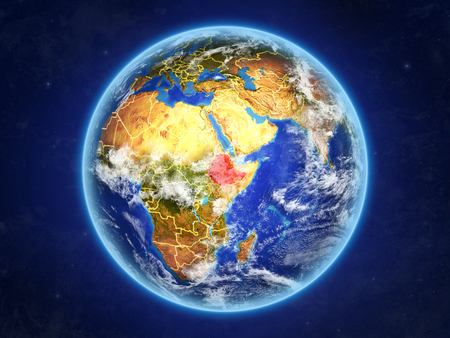Ethiopia from space. Planet Earth with country borders and extremely high detail of planet surface and clouds. 3D illustration.の写真素材