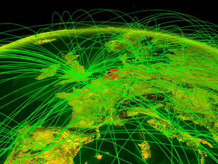 Netherlands on digital planet Earth with international network representing communication, travel and connections. 3D illustration.の写真素材