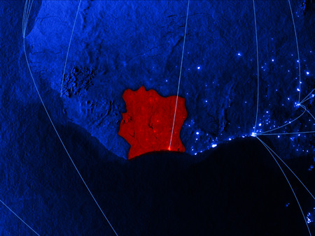 Ivory Coast on blue digital map with networks. Concept of international travel, communication and technology. 3D illustration.の写真素材