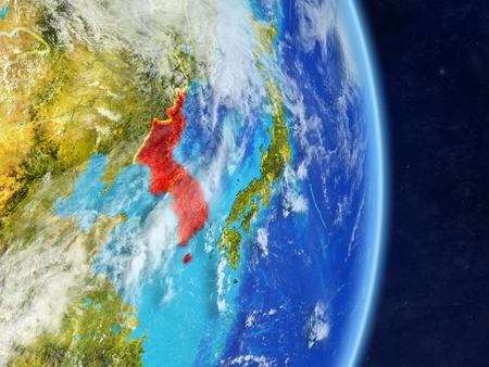 Korea on planet planet Earth with country borders. Extremely detailed planet surface and clouds. 3D illustration.の写真素材