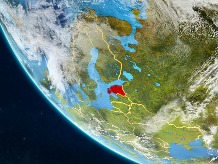 Estonia on planet Earth from space with country borders. Very fine detail of planet surface and clouds. 3D illustration.の写真素材