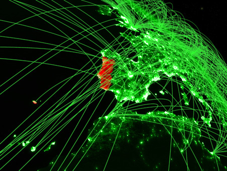 Portugal from space on model of green planet Earth with network. Concept of green technology, connectivity and travel. 3D illustration.の写真素材