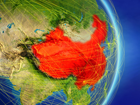 China on planet Earth with network. Concept of connectivity, travel and communication. 3D illustration.の写真素材