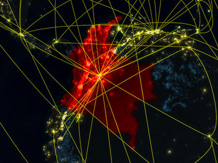 Colombia from space on model of planet Earth at night with networks. Detailed planet surface with city lights. 3D illustration.の写真素材